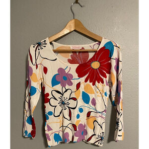 Womens Top Size Medium Colorful Floral Print Stretch Art to Wear Mod Boho Y2K